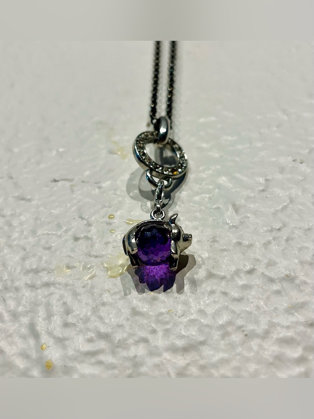 Vintage Y2K Silver Necklace with Purple Crystal Pig Pendant - Picture 5 of 6